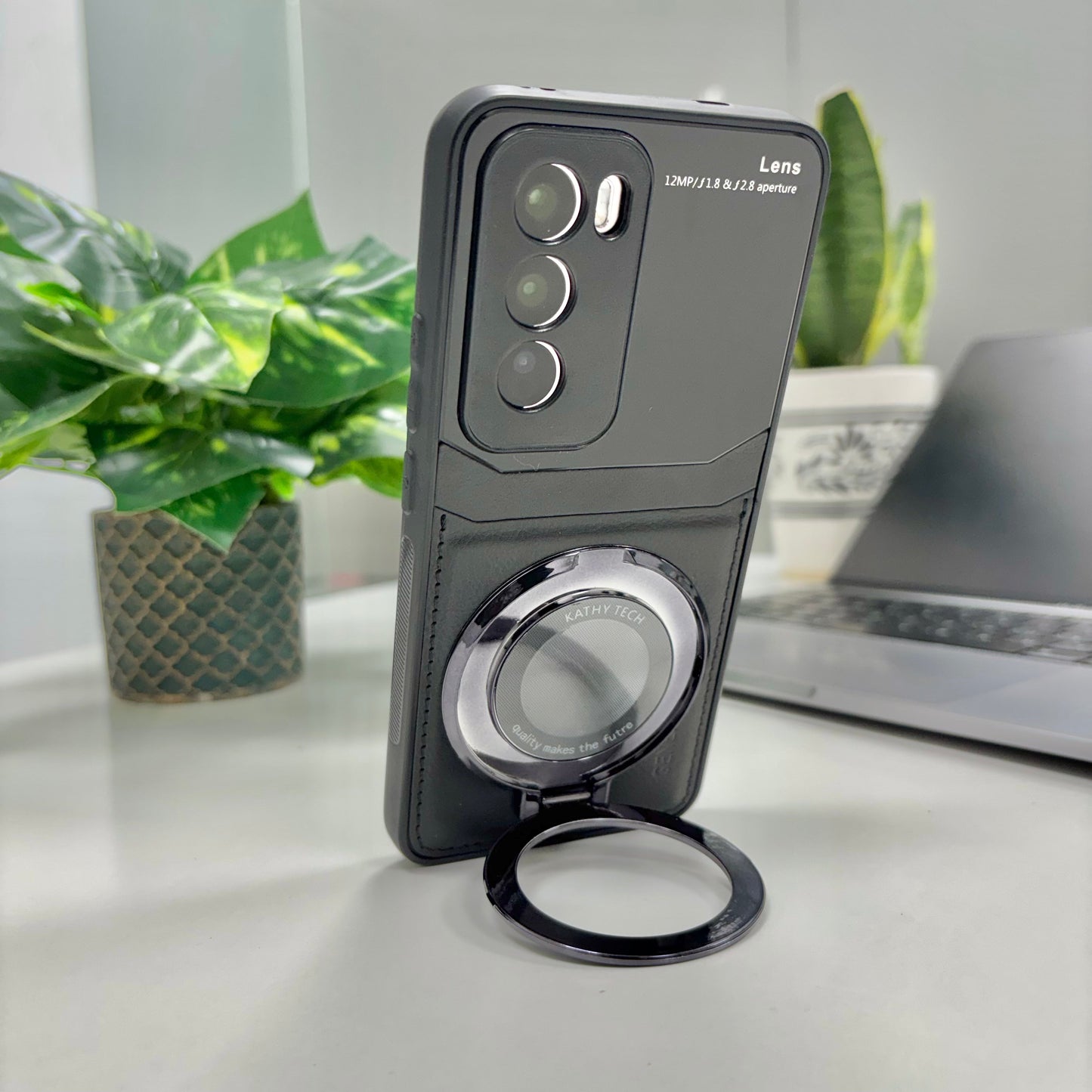 Oppo Reno12 Pro Original Luxury Leather Lens Magnifier Ring Stand Case
