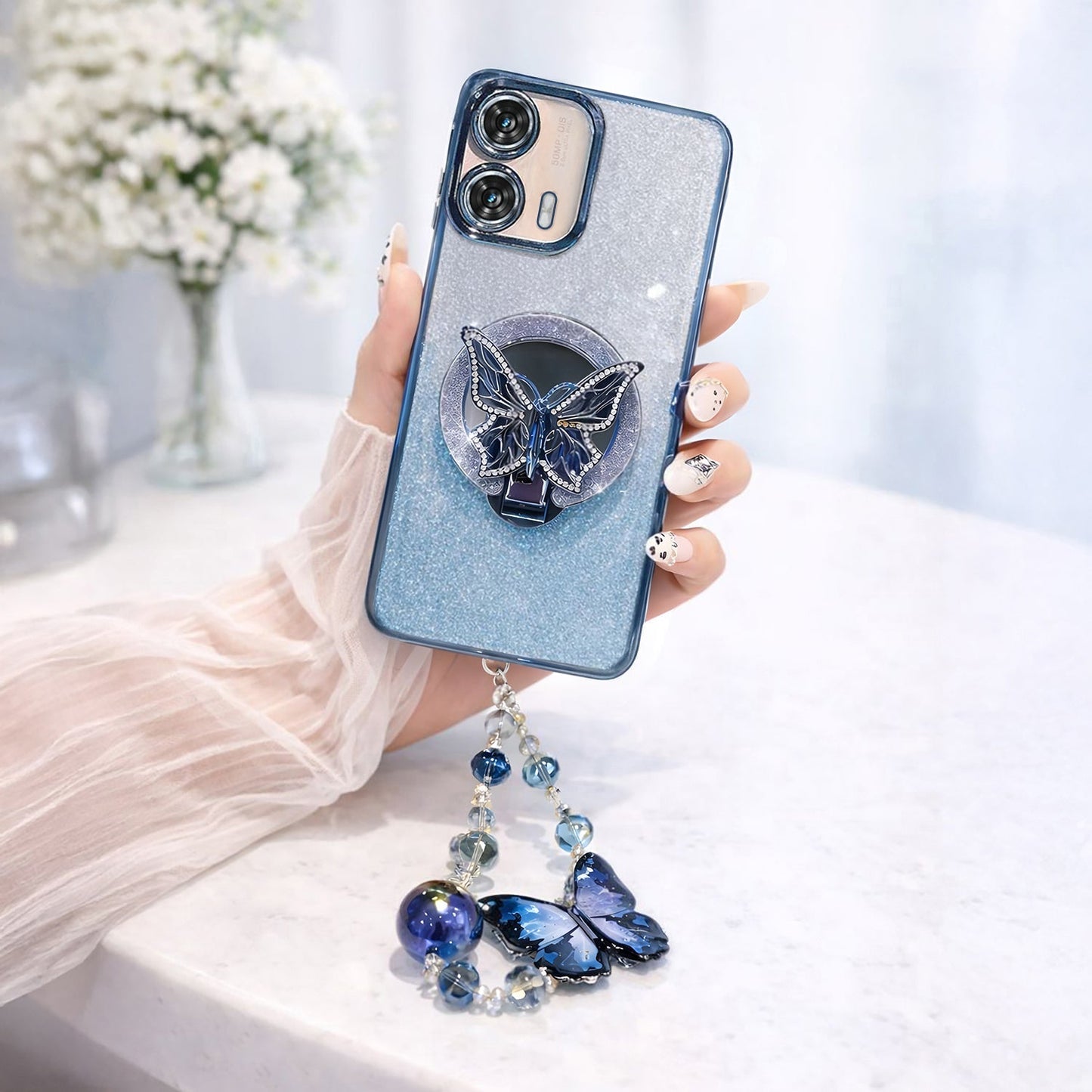 Motorola Edge 50 Fusion 5G Stunning Shimmer Electroplating Butterfly Stand Charm Case