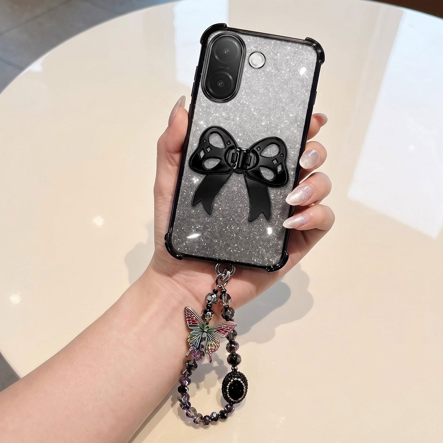 Vivo V60e 5G Luxury Shimmer Airbag Bow Stand Case with Charm Strap