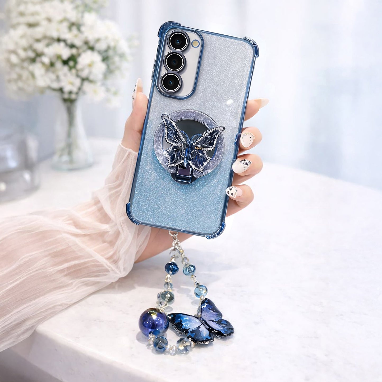 Samsung Galaxy S23 5G Shockproof Butterfly Stand Case with Charm Strap