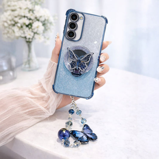 Samsung Galaxy S23 5G Shockproof Butterfly Stand Case with Charm Strap