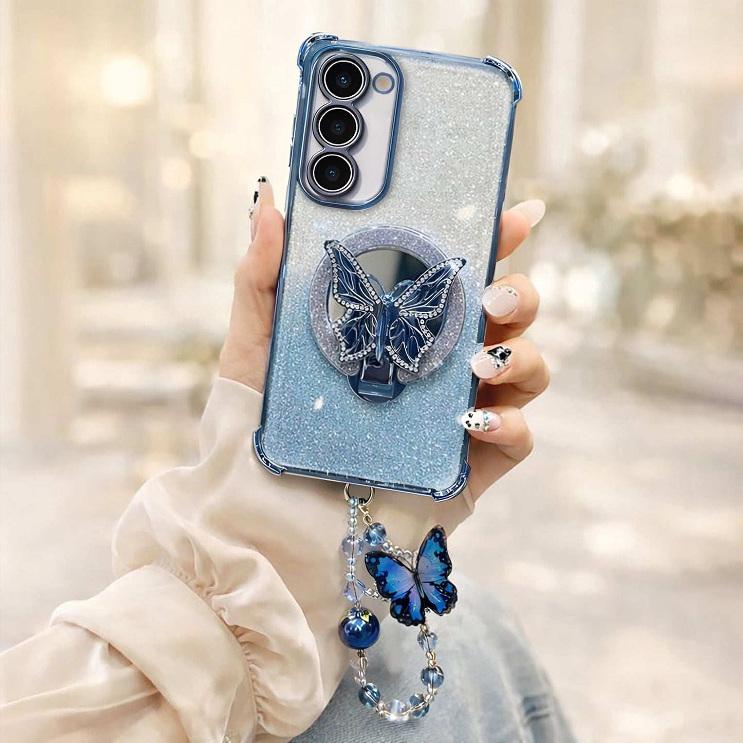 Samsung Galaxy S23 5G Shockproof Butterfly Stand Case with Charm Strap