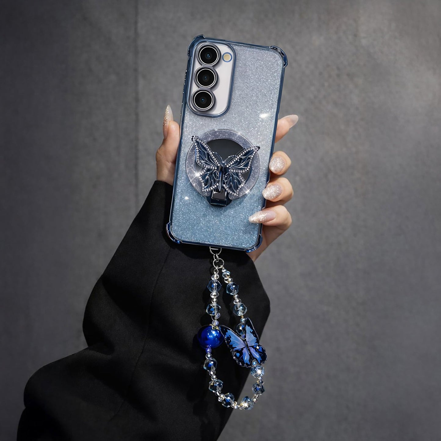 Samsung Galaxy S23 5G Shockproof Butterfly Stand Case with Charm Strap