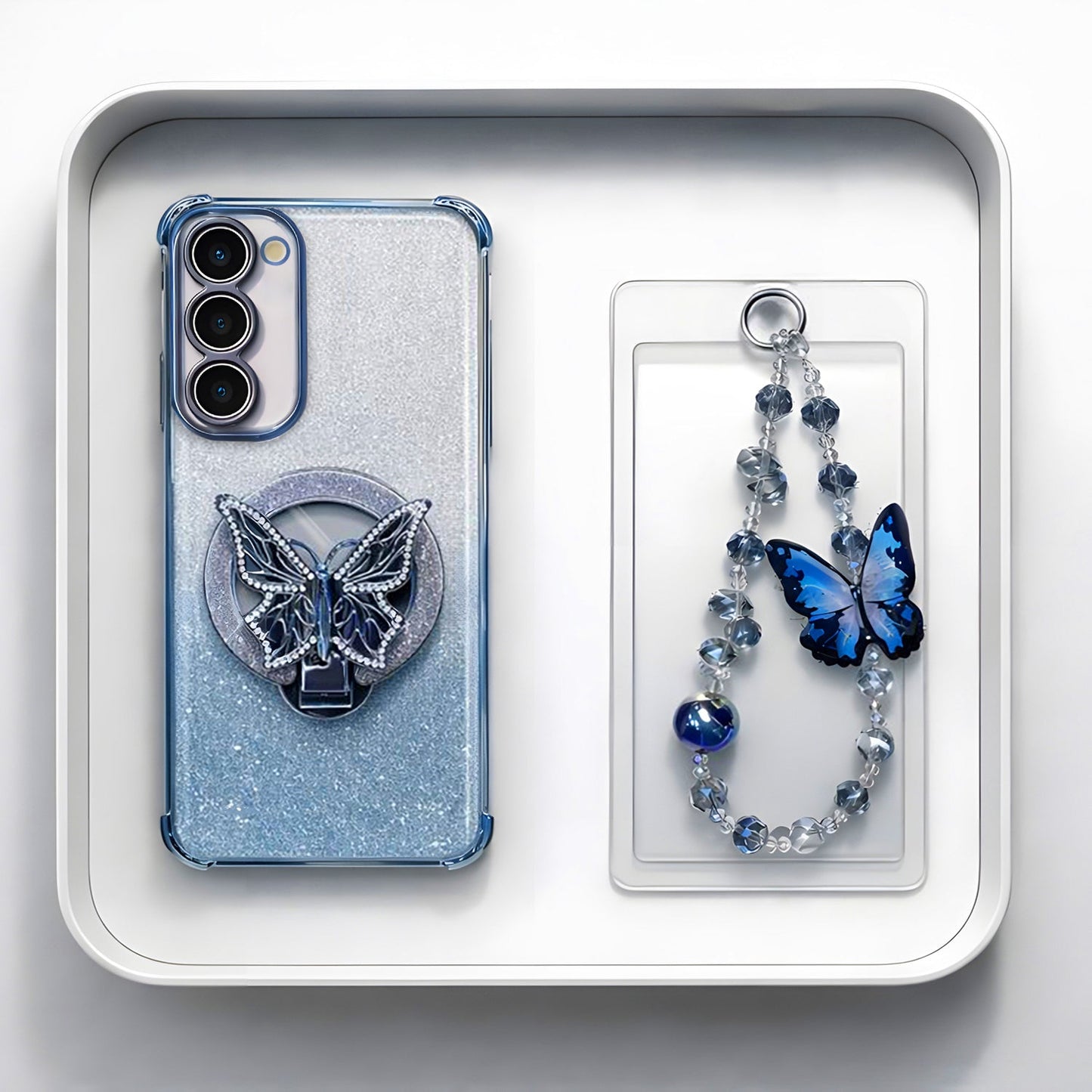 Samsung Galaxy S23 5G Shockproof Butterfly Stand Case with Charm Strap