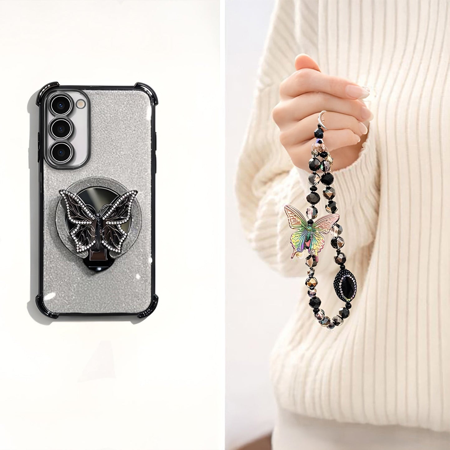 Samsung Galaxy S23 5G Shockproof Butterfly Stand Case with Charm Strap