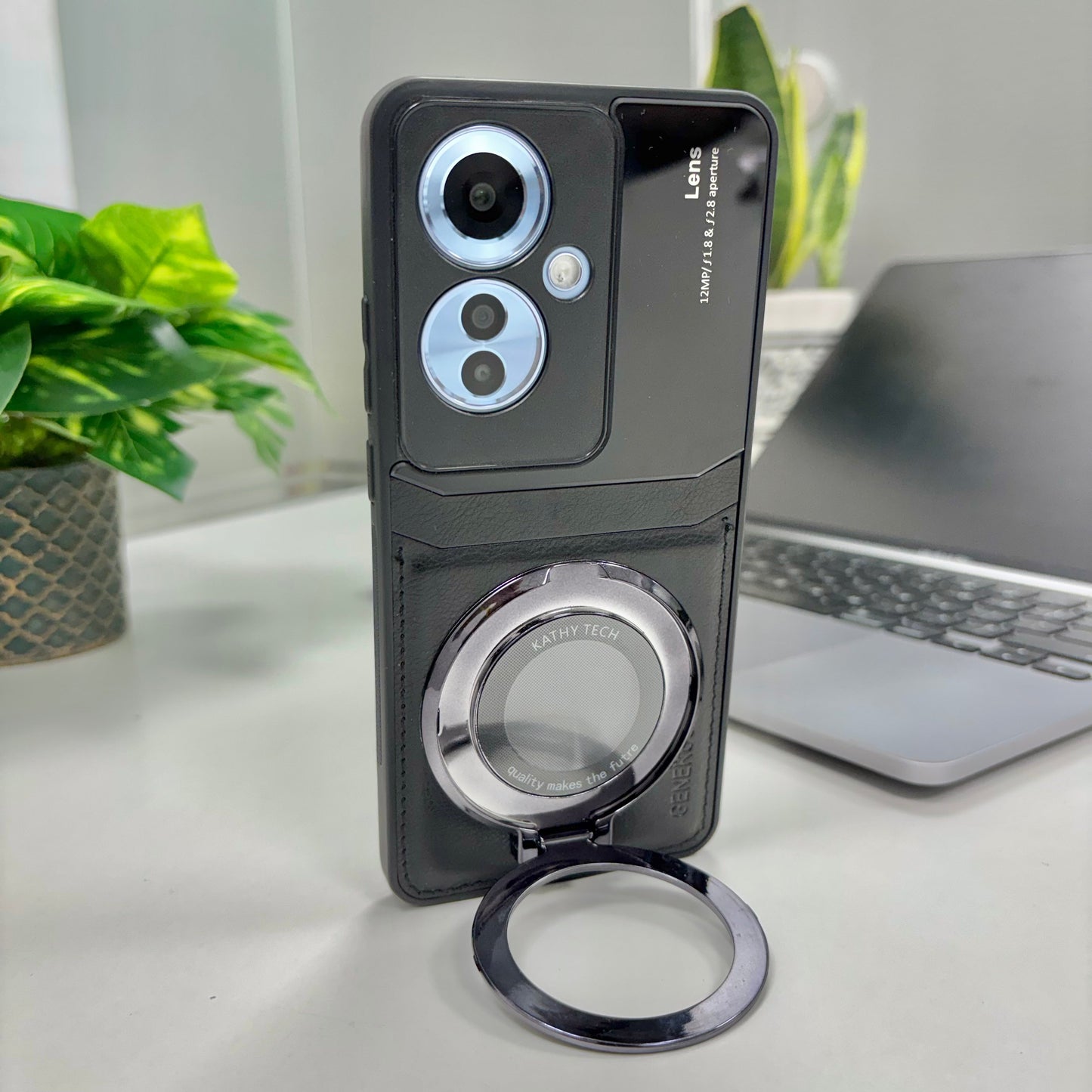 Oppo Reno11 F 5G Original Luxury Leather Lens Magnifier Ring Stand Case