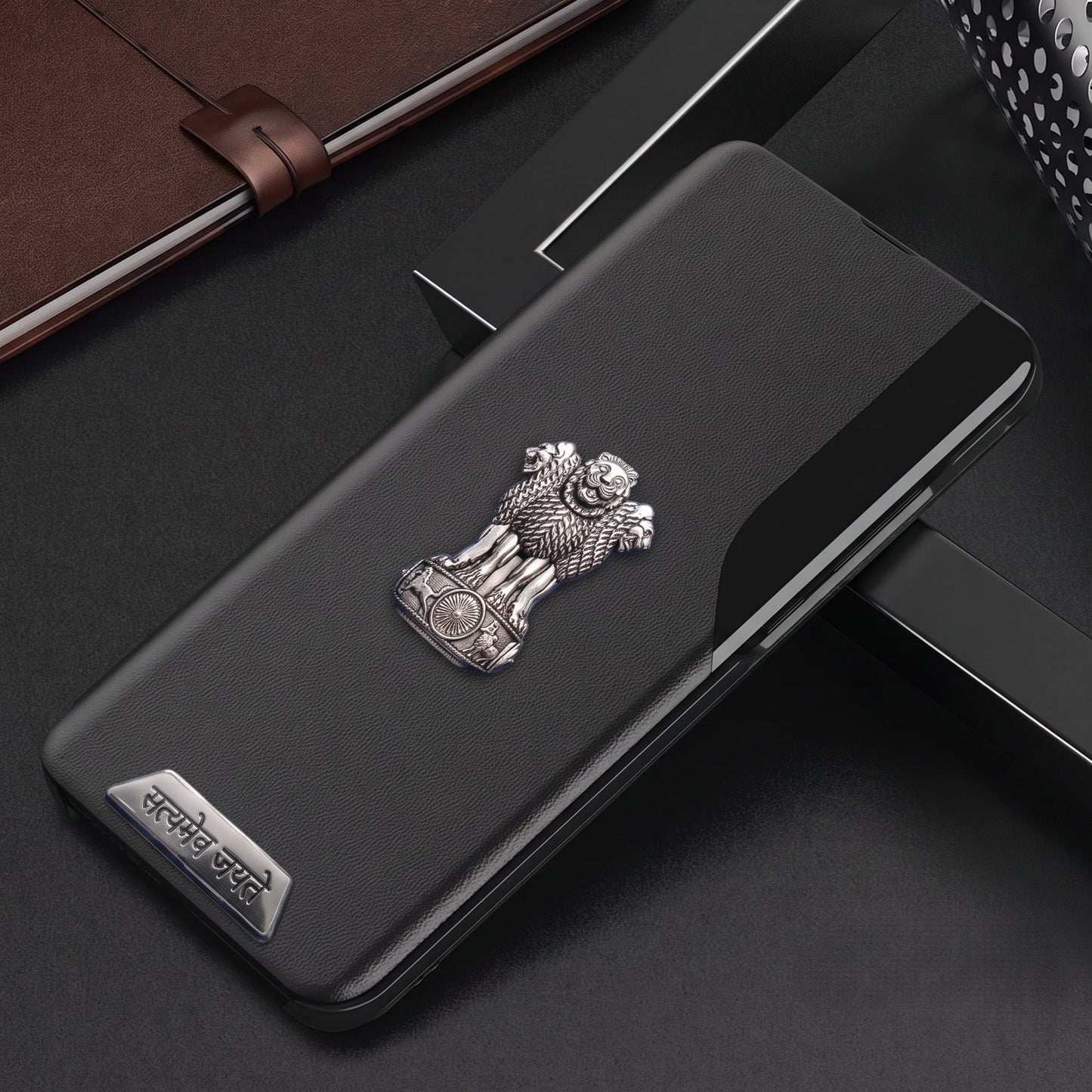 Vivo V30e 5G Metal Satyamev Jayate 2-in-1 Emblem Half-Window Leather Flip Case