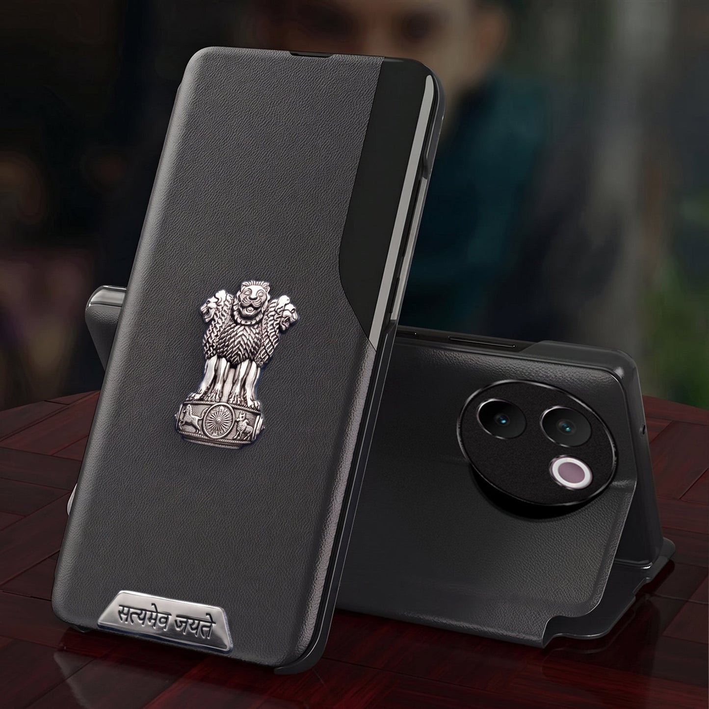 Vivo V30e 5G Metal Satyamev Jayate 2-in-1 Emblem Half-Window Leather Flip Case