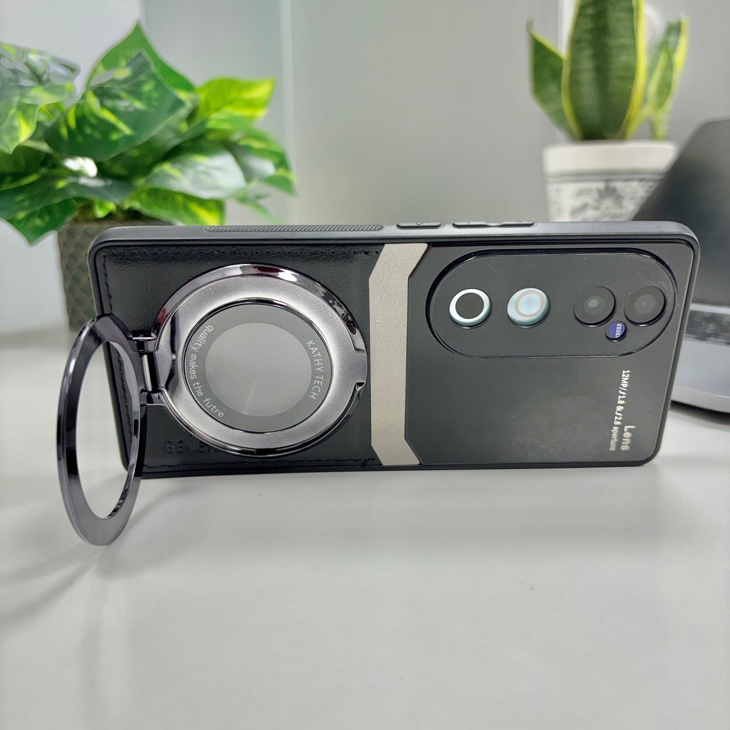 Vivo V40 Pro 5G Original Luxury Leather Lens Magnifier Ring Stand Case