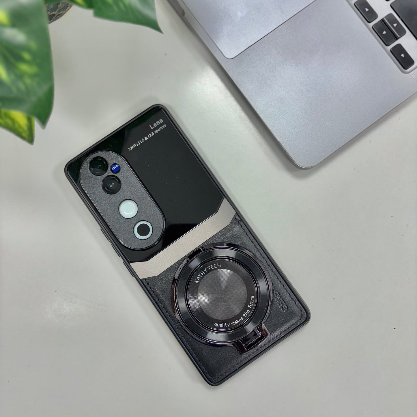 Vivo V40 Pro 5G Original Luxury Leather Lens Magnifier Ring Stand Case