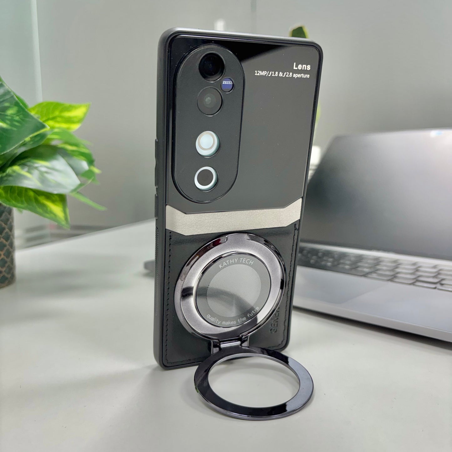 Vivo V40 Pro 5G Original Luxury Leather Lens Magnifier Ring Stand Case