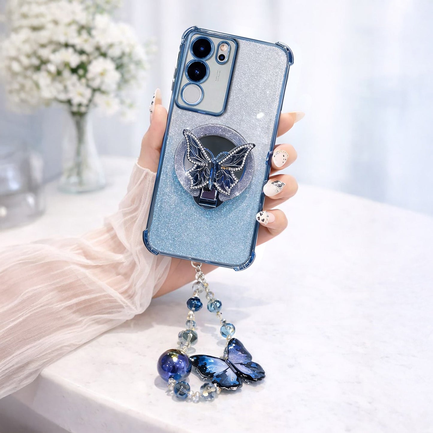 Vivo V29 5G Shockproof Butterfly Stand Case with Charm Strap