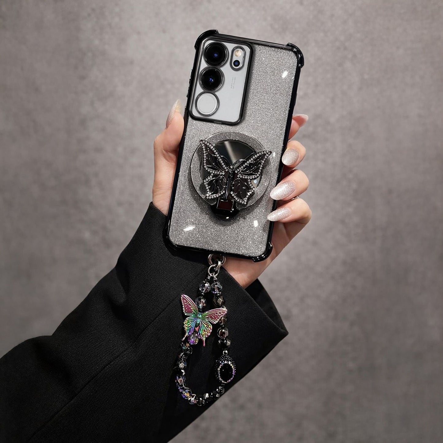 Vivo V29 5G Shockproof Butterfly Stand Case with Charm Strap