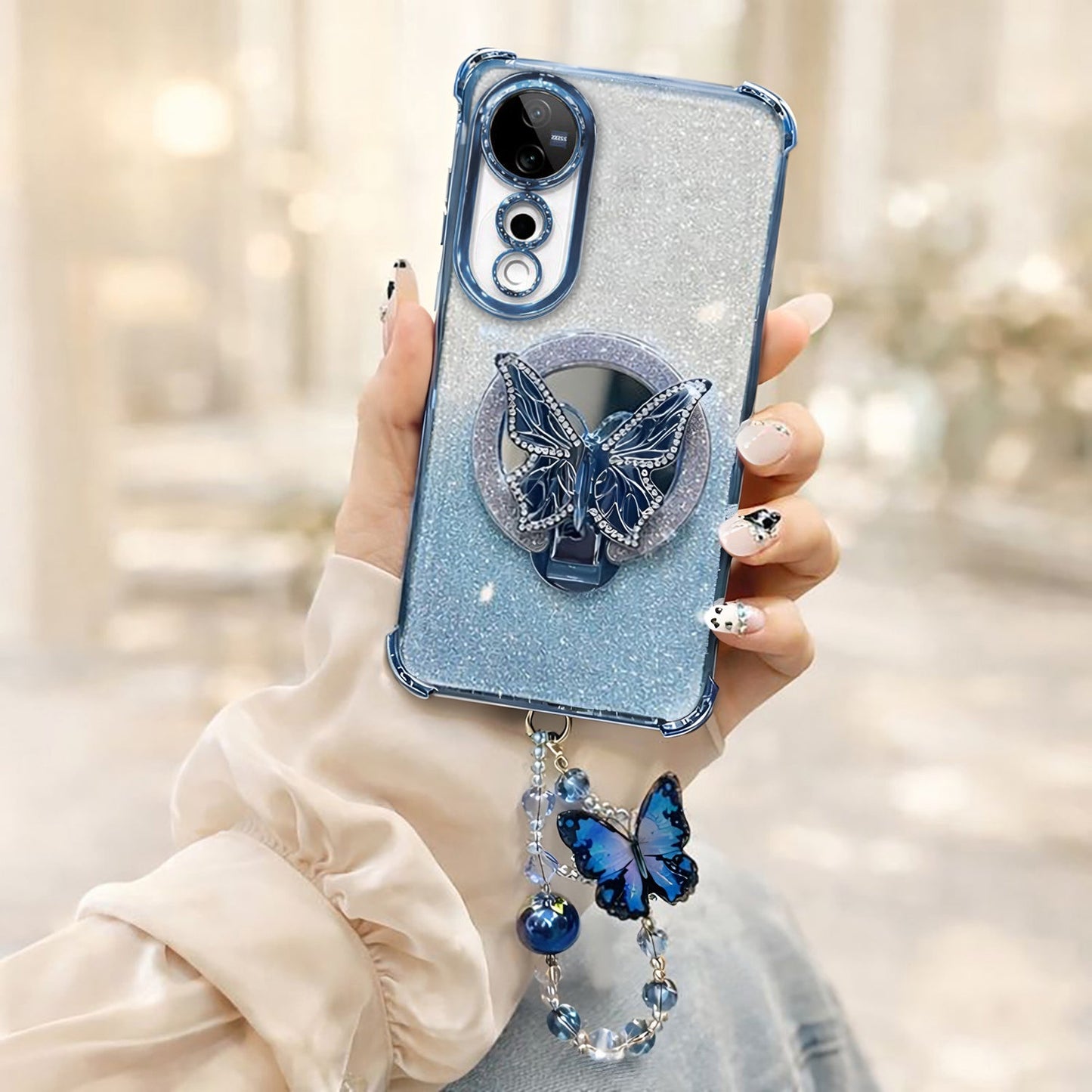 Vivo V40 Pro 5G Shockproof Shimmer Butterfly Stand Case with Charm Strap