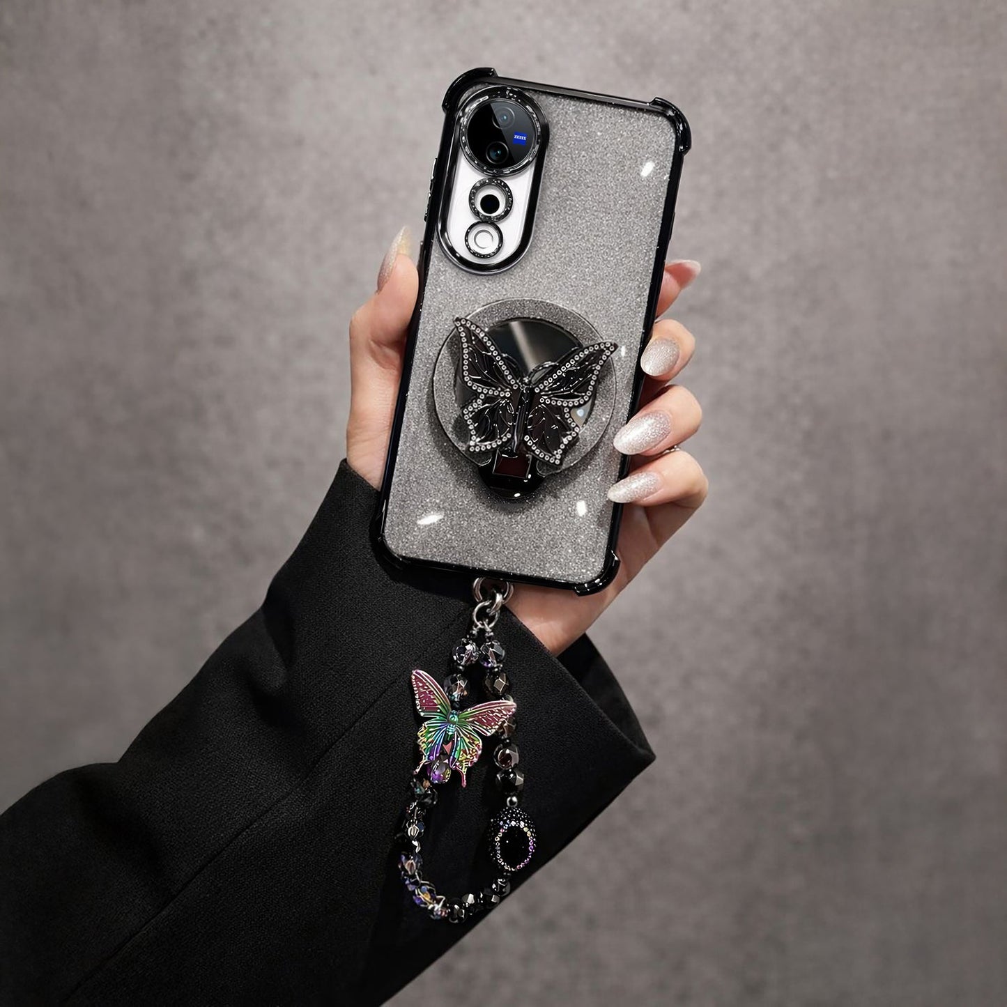 Vivo V40 Pro 5G Shockproof Shimmer Butterfly Stand Case with Charm Strap