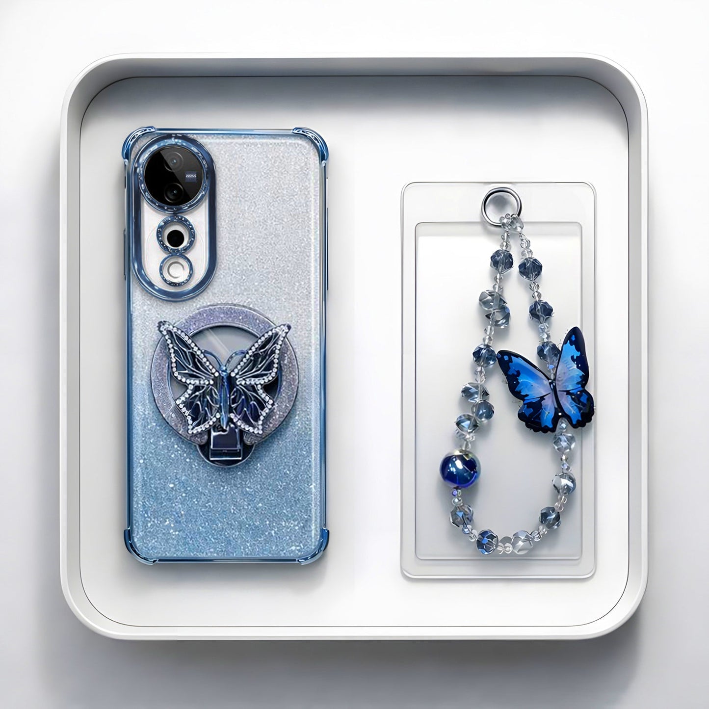 Vivo V40 Pro 5G Shockproof Shimmer Butterfly Stand Case with Charm Strap