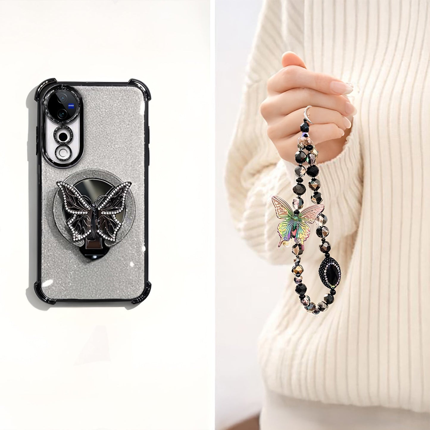 Vivo V40 Pro 5G Shockproof Shimmer Butterfly Stand Case with Charm Strap