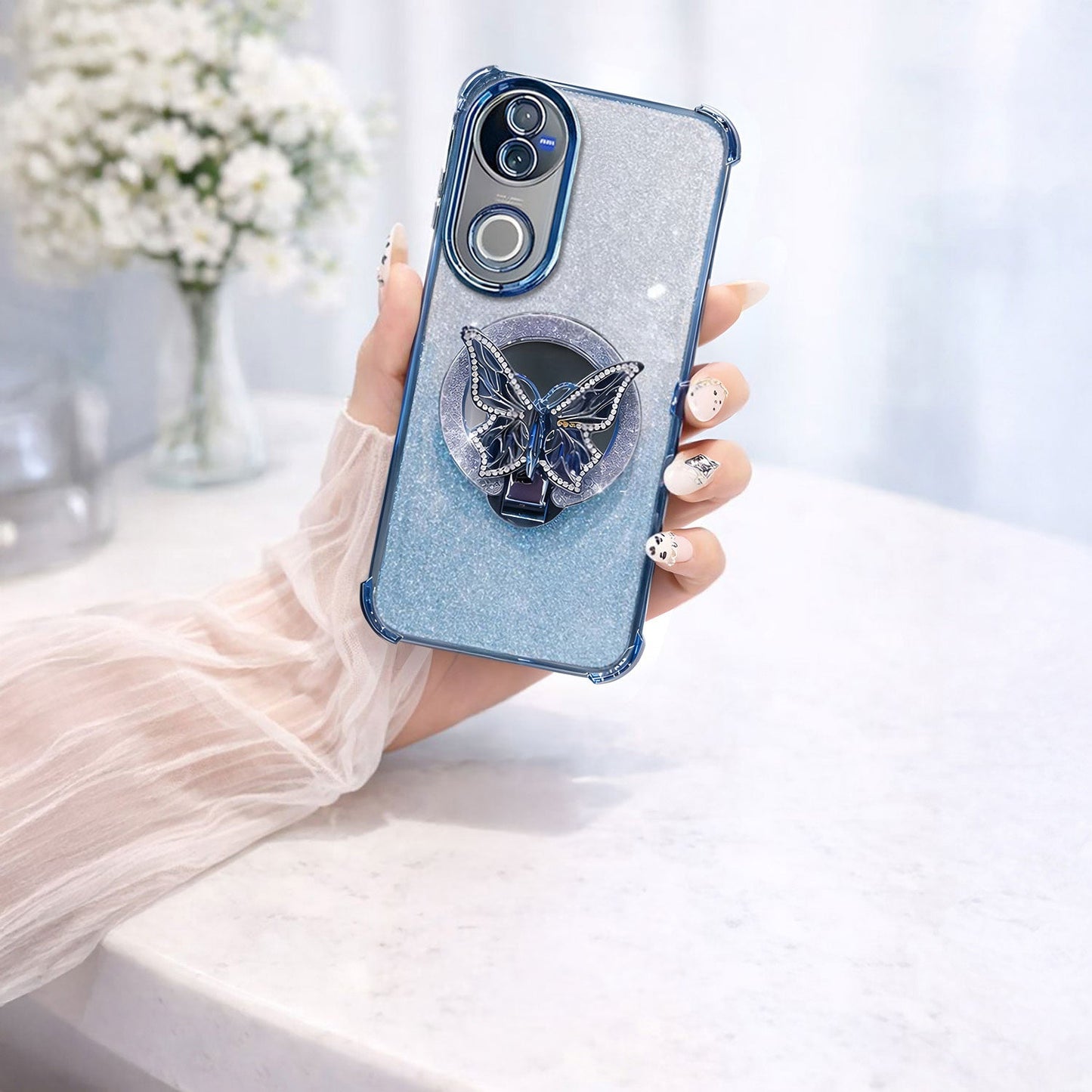Vivo V50 5G Premium Shimmer Butterfly Stand Airbags Case