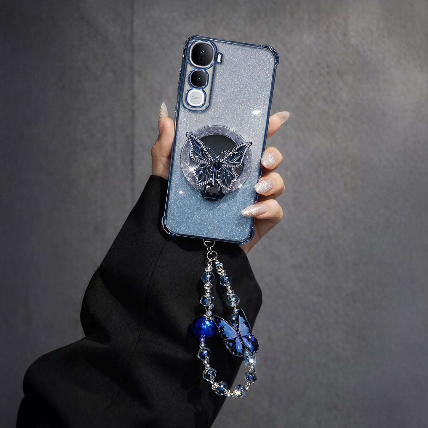 Vivo Y400 Pro 5G Shockproof Butterfly Stand Case with Charm Strap